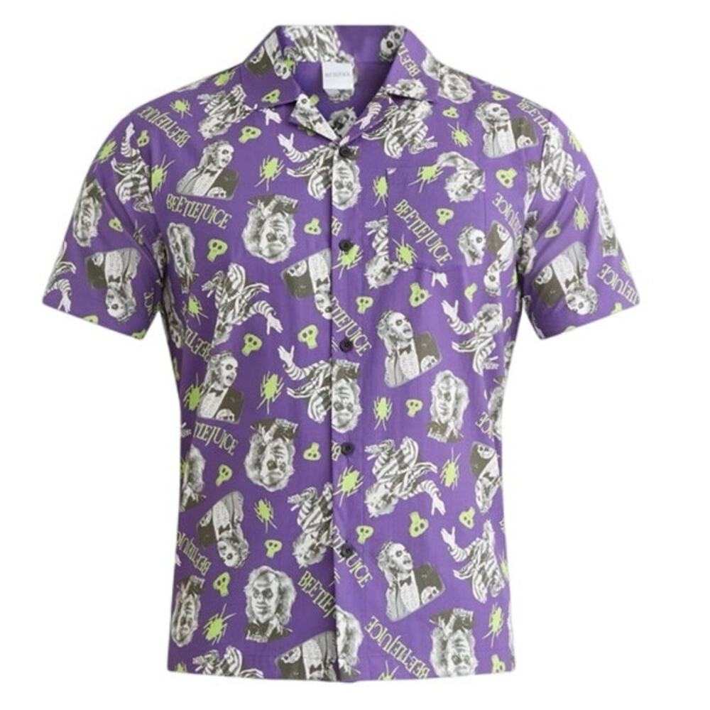 Beetlejuice Men's Print Button-Up Cotton Shirt w/ Short Sleeves Size Medium‎ NEW